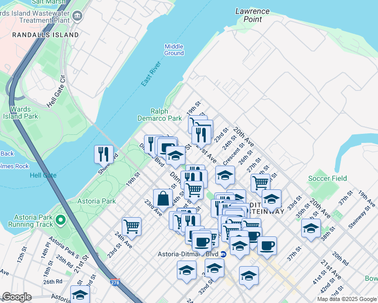 map of restaurants, bars, coffee shops, grocery stores, and more near 19-25 21st Road in Queens