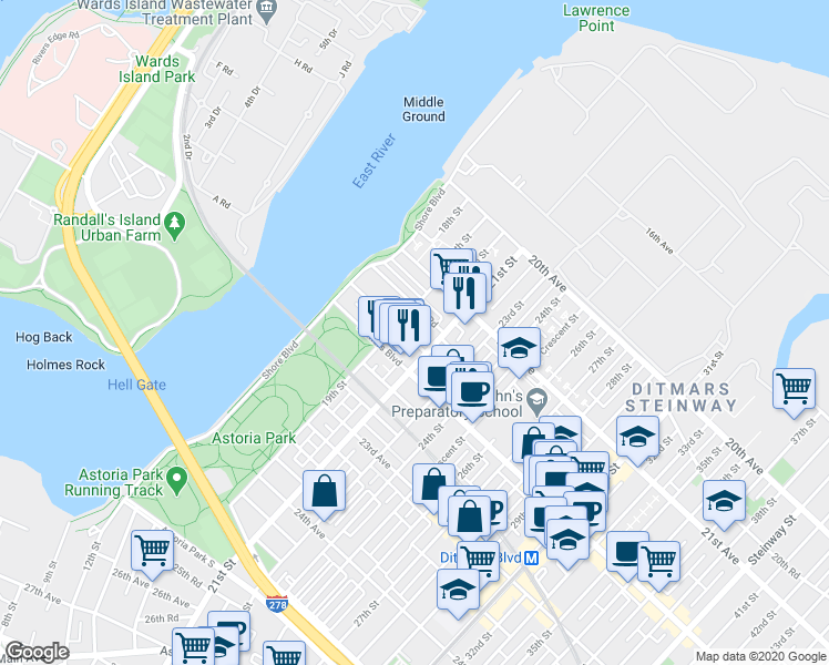 map of restaurants, bars, coffee shops, grocery stores, and more near 21-47 19th Street in Queens