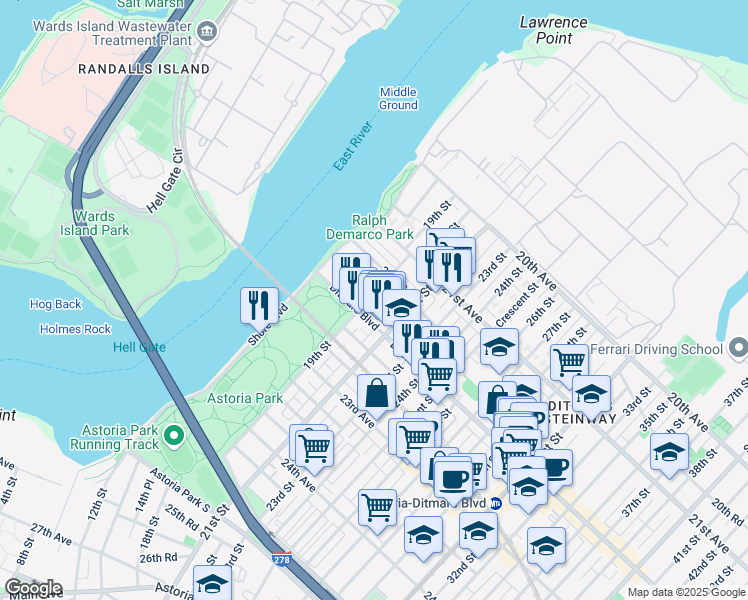 map of restaurants, bars, coffee shops, grocery stores, and more near 21-47 19th Street in Queens