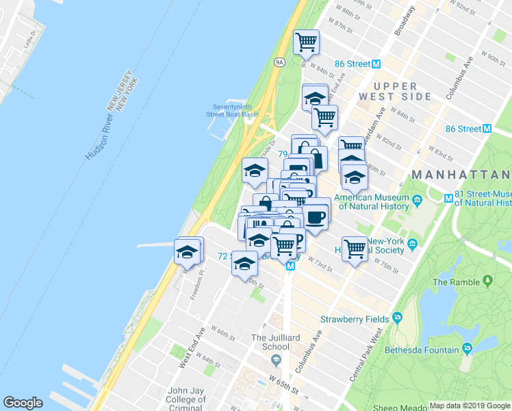 map of restaurants, bars, coffee shops, grocery stores, and more near 23 Riverside Drive in New York