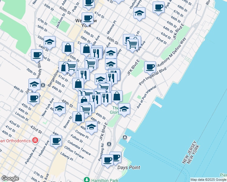 map of restaurants, bars, coffee shops, grocery stores, and more near 5300 Broadway in West New York