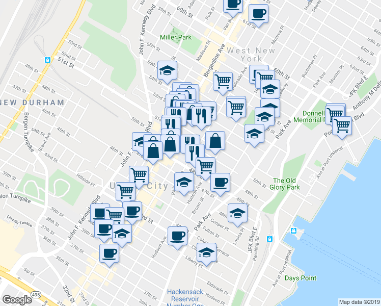 map of restaurants, bars, coffee shops, grocery stores, and more near 402 50th Street in West New York