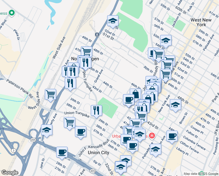 map of restaurants, bars, coffee shops, grocery stores, and more near 1410 44th Street in North Bergen