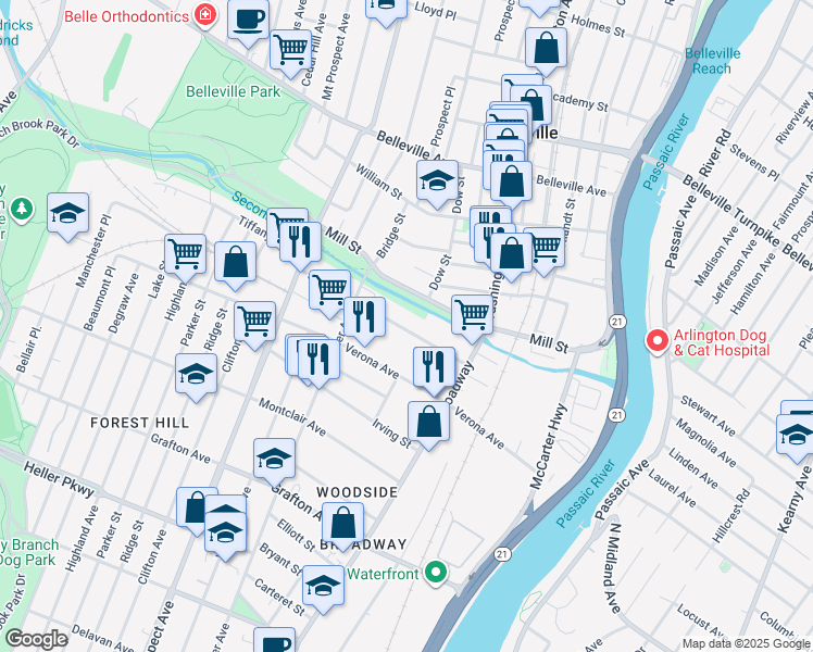 map of restaurants, bars, coffee shops, grocery stores, and more near 129 Sylvan Avenue in Newark