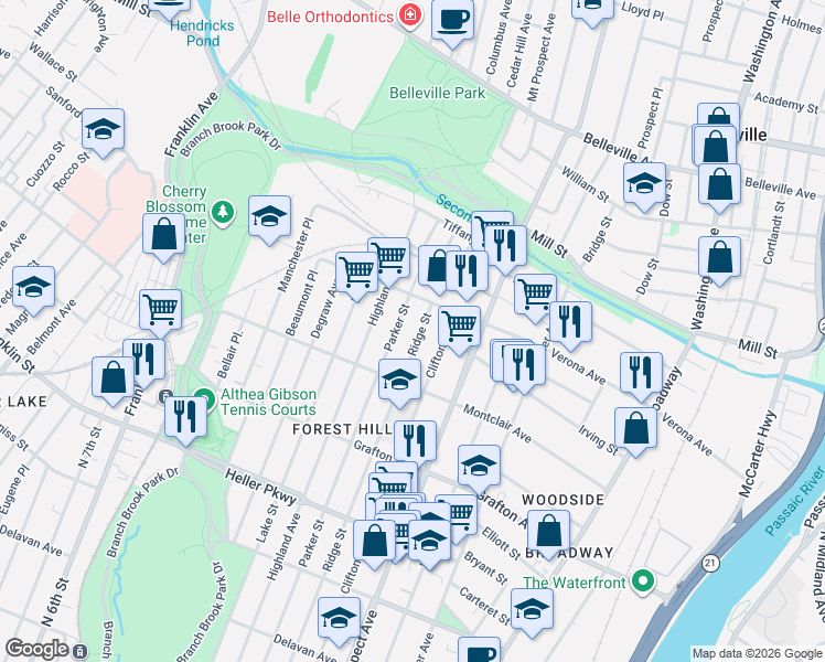 map of restaurants, bars, coffee shops, grocery stores, and more near 822 Parker Street in Newark