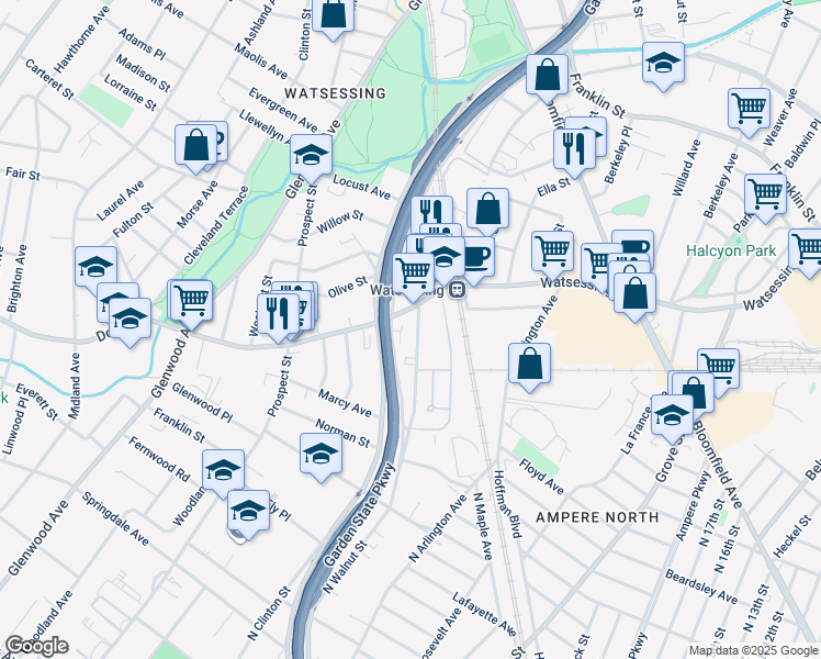 map of restaurants, bars, coffee shops, grocery stores, and more near 17 Dodd Street in Bloomfield