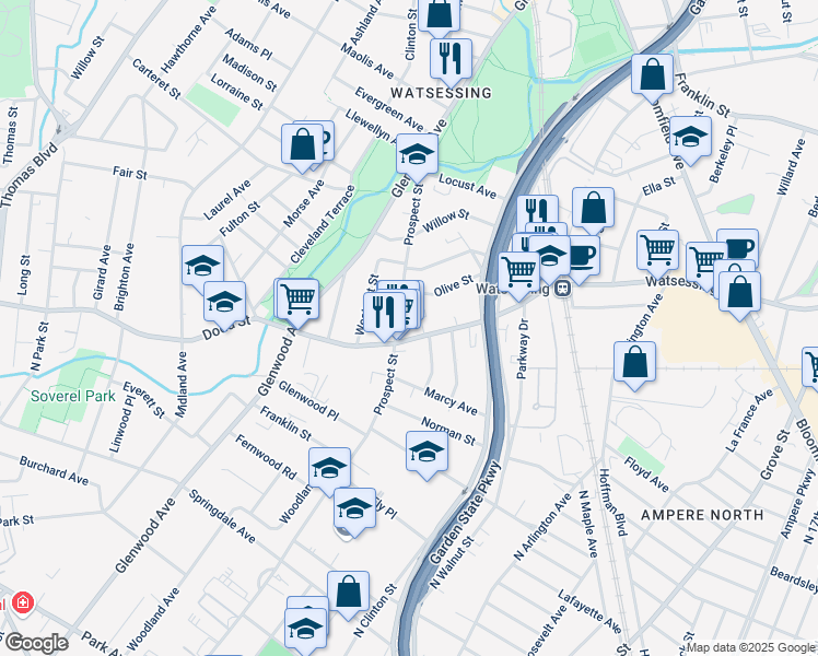 map of restaurants, bars, coffee shops, grocery stores, and more near 523 Prospect Street in East Orange