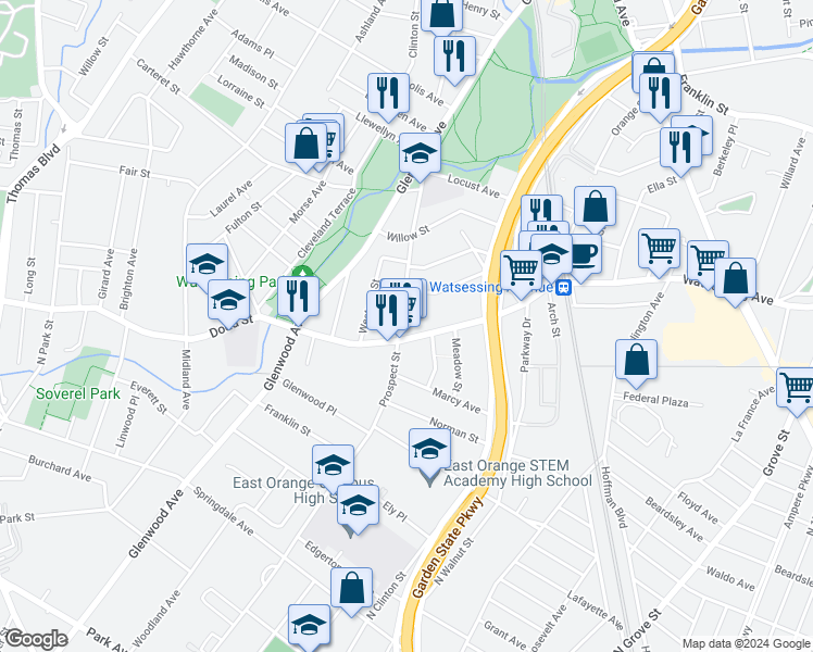 map of restaurants, bars, coffee shops, grocery stores, and more near 523 Prospect Street in East Orange