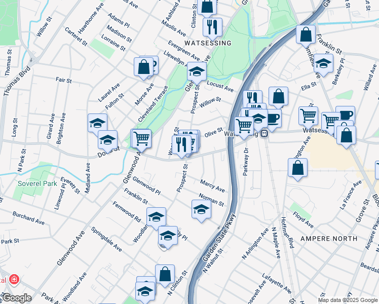 map of restaurants, bars, coffee shops, grocery stores, and more near 523 Prospect Street in East Orange