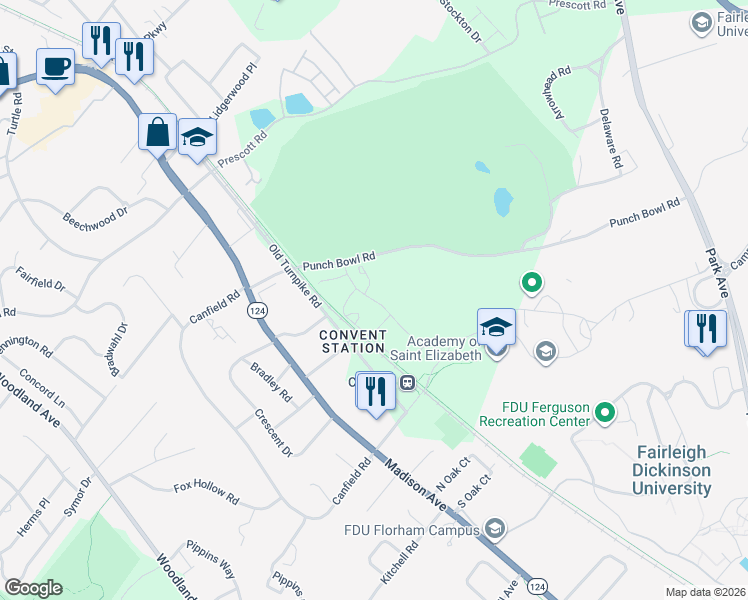 map of restaurants, bars, coffee shops, grocery stores, and more near 6 Northbridge Place in Morristown