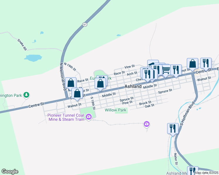 map of restaurants, bars, coffee shops, grocery stores, and more near 1503 Centre Street in Ashland