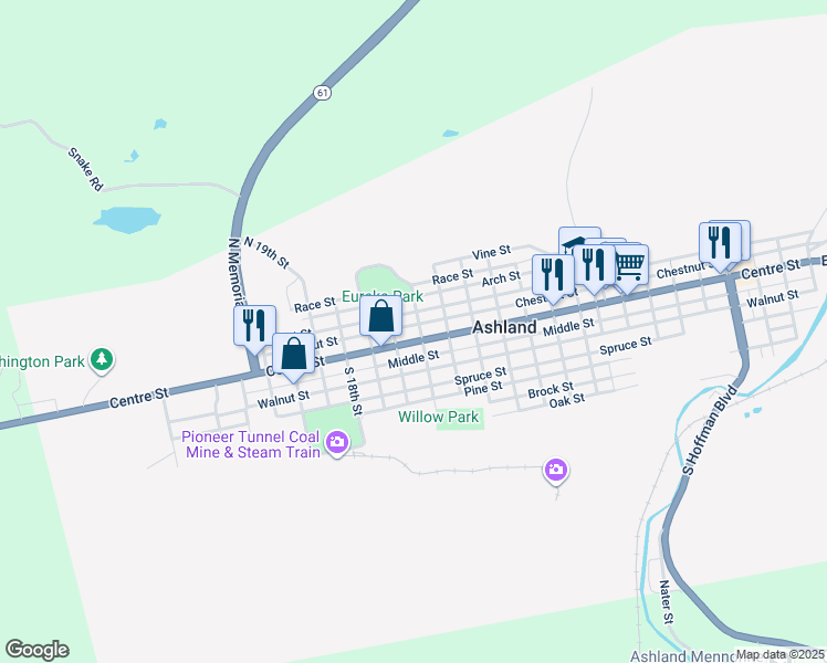 map of restaurants, bars, coffee shops, grocery stores, and more near 1609 Centre Street in Ashland