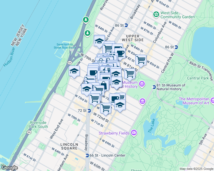 map of restaurants, bars, coffee shops, grocery stores, and more near 353 Amsterdam Avenue in New York