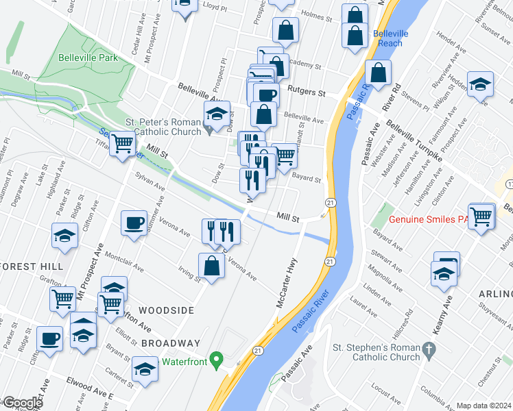 map of restaurants, bars, coffee shops, grocery stores, and more near 29 Washington Avenue in Belleville
