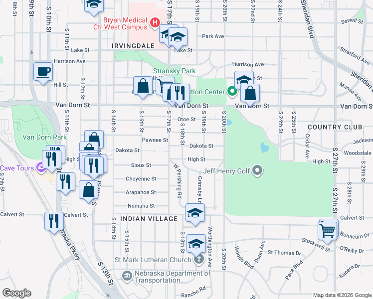 map of restaurants, bars, coffee shops, grocery stores, and more near 1730 Dakota Street in Lincoln