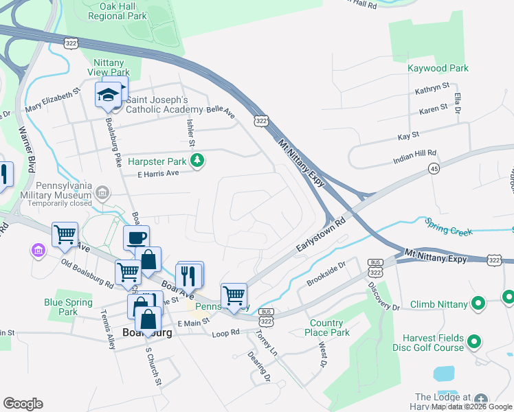 map of restaurants, bars, coffee shops, grocery stores, and more near 268 Plymouth Circle in Boalsburg