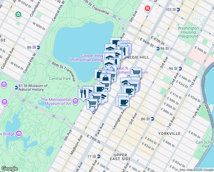 map of restaurants, bars, coffee shops, grocery stores, and more near 20 East 87th Street in New York