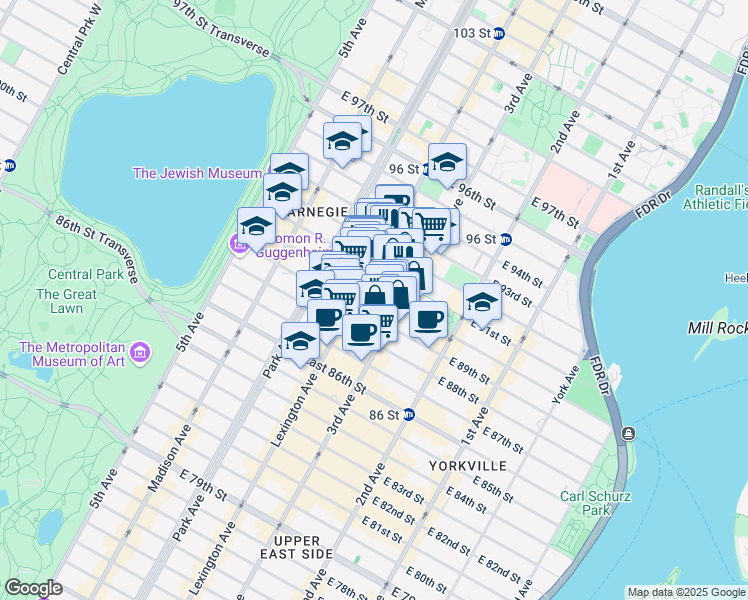map of restaurants, bars, coffee shops, grocery stores, and more near 162 East 90th Street in New York