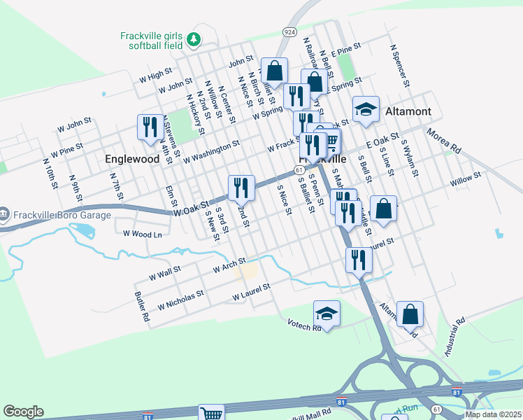 map of restaurants, bars, coffee shops, grocery stores, and more near 128 South Center Street in Frackville