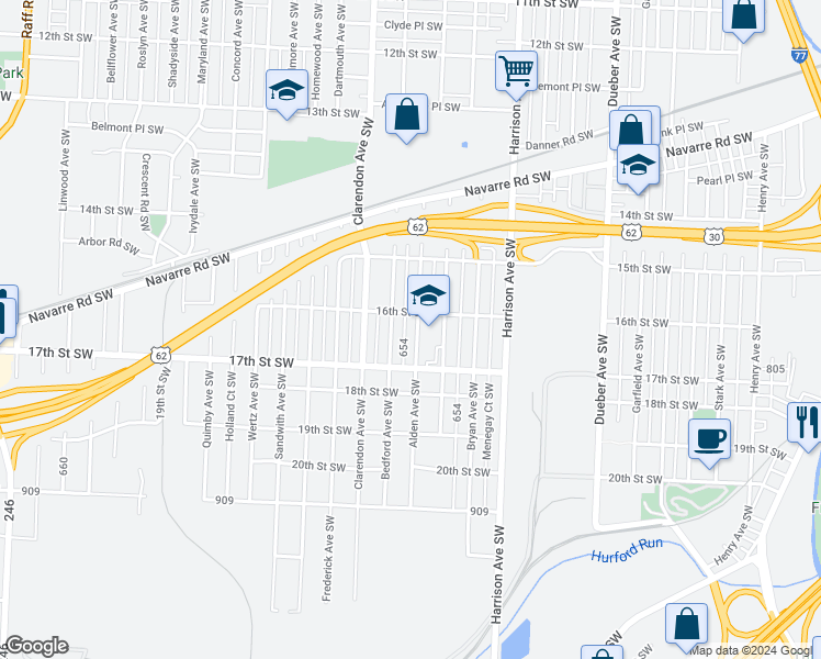 map of restaurants, bars, coffee shops, grocery stores, and more near 1627 Alden Avenue Southwest in Canton