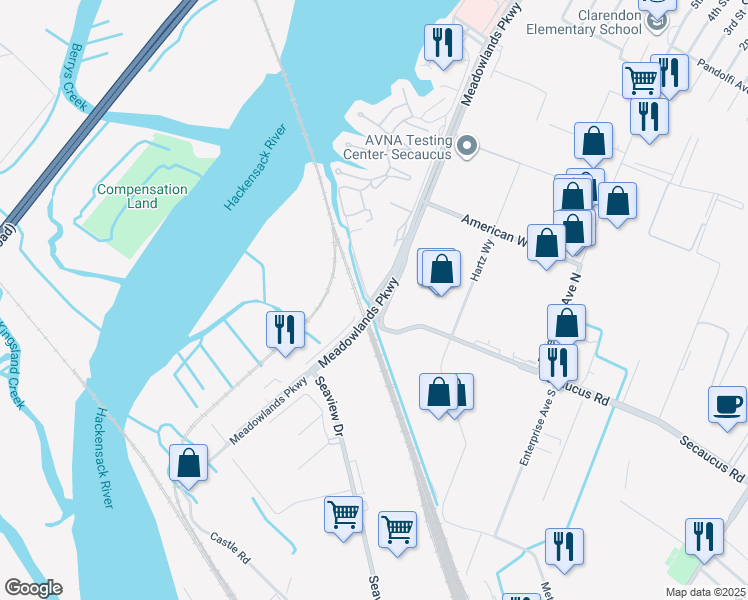 map of restaurants, bars, coffee shops, grocery stores, and more near 58 Harmon Cove Tower in Secaucus