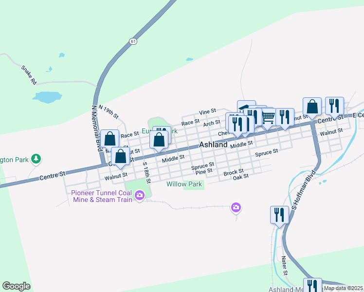 map of restaurants, bars, coffee shops, grocery stores, and more near 1421 Centre Street in Ashland