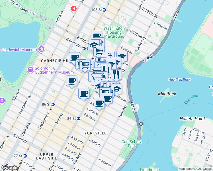 map of restaurants, bars, coffee shops, grocery stores, and more near 327 East 93rd Street in New York