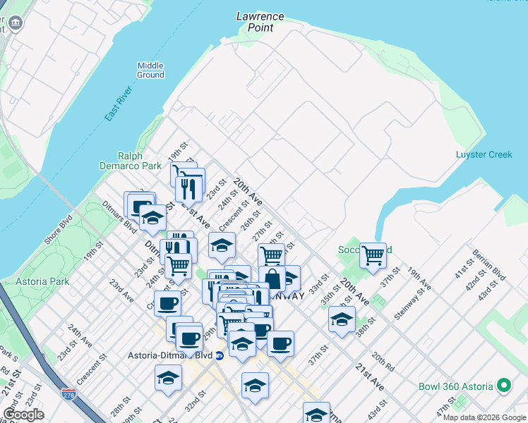 map of restaurants, bars, coffee shops, grocery stores, and more near 206 20th Avenue in Queens