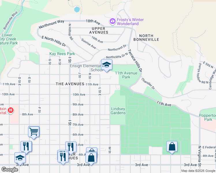 map of restaurants, bars, coffee shops, grocery stores, and more near 786 East 11th Avenue in Salt Lake City