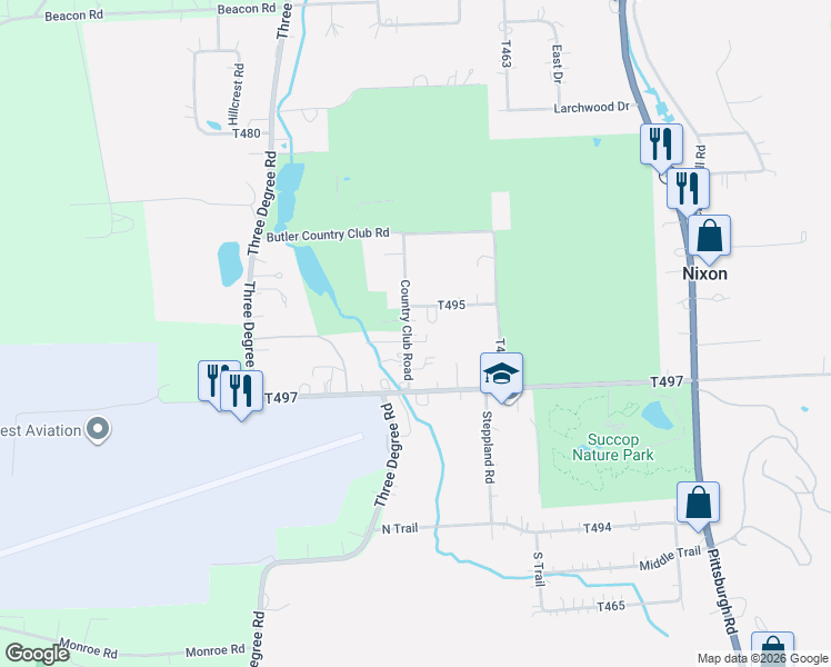 map of restaurants, bars, coffee shops, grocery stores, and more near 128 Country Club Road in Butler