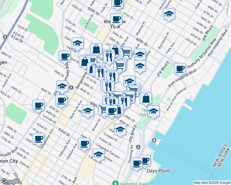 map of restaurants, bars, coffee shops, grocery stores, and more near 220 51st Street in West New York