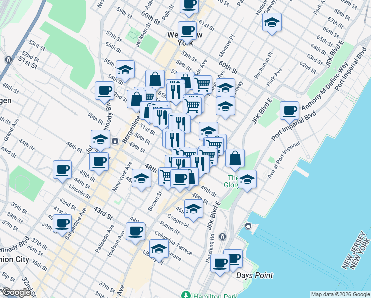 map of restaurants, bars, coffee shops, grocery stores, and more near 223 52nd Street in West New York
