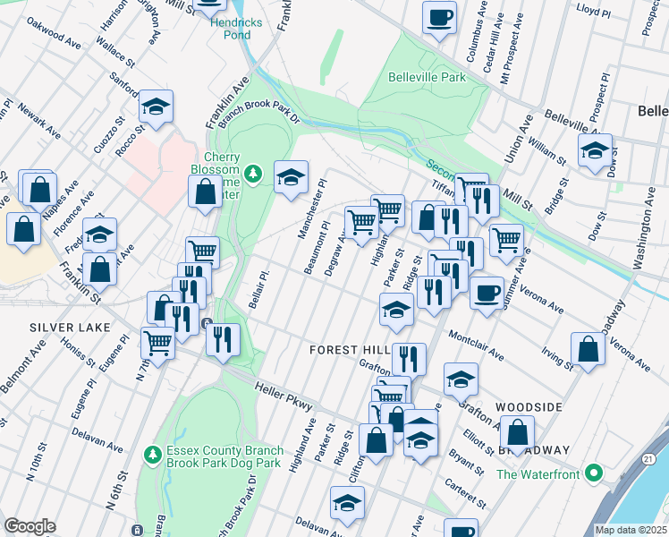map of restaurants, bars, coffee shops, grocery stores, and more near 872-874 Degraw Avenue in Newark