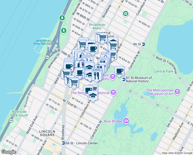 map of restaurants, bars, coffee shops, grocery stores, and more near 131 West 78th Street in New York