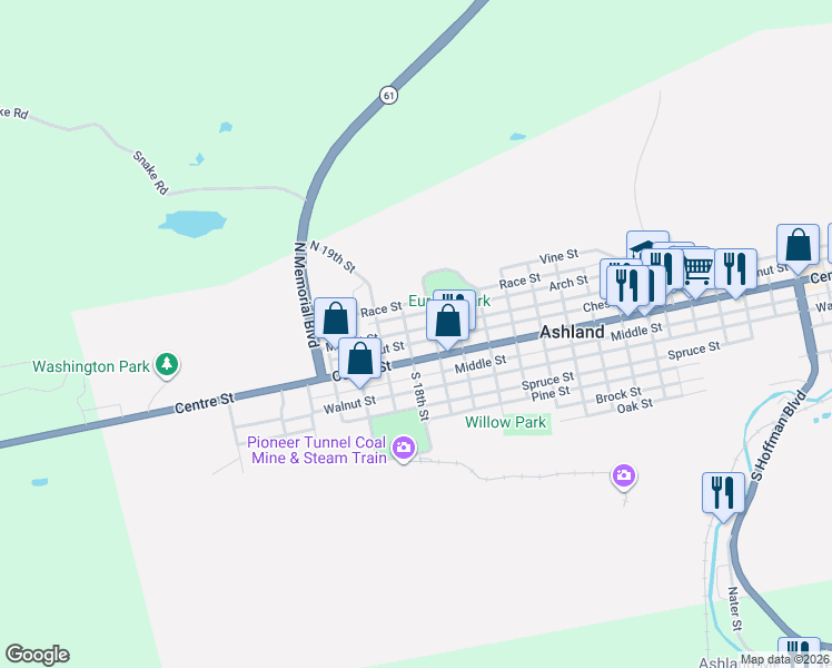 map of restaurants, bars, coffee shops, grocery stores, and more near 1709 Market Street in Ashland