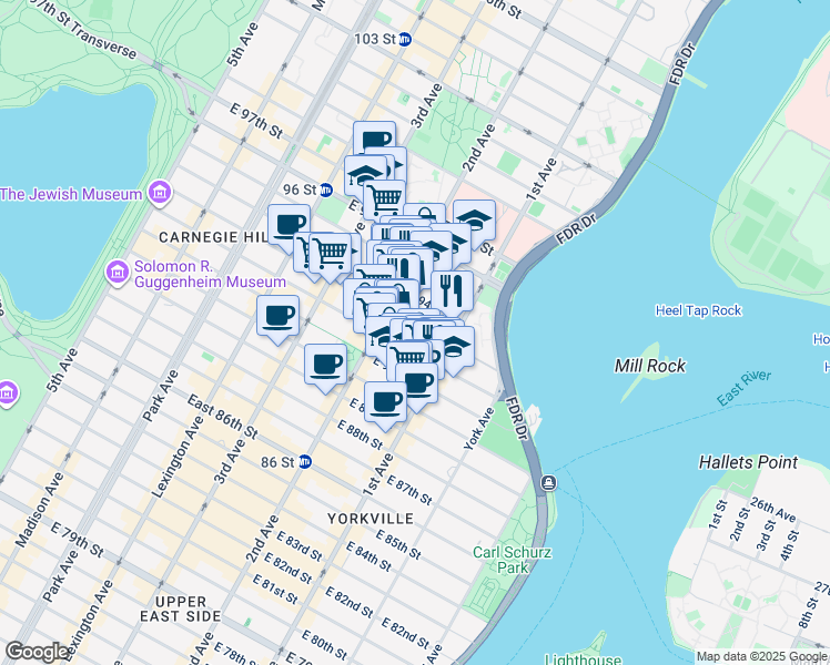 map of restaurants, bars, coffee shops, grocery stores, and more near 320 East 93rd Street in New York