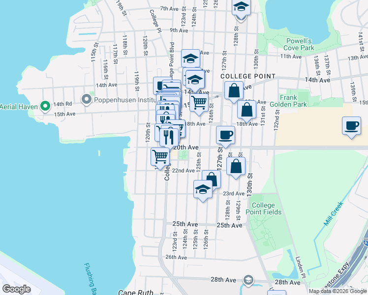 map of restaurants, bars, coffee shops, grocery stores, and more near 18-40 123rd Street in Queens
