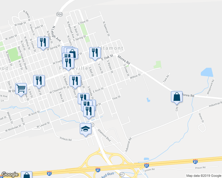 map of restaurants, bars, coffee shops, grocery stores, and more near 315 South Line Street in Frackville