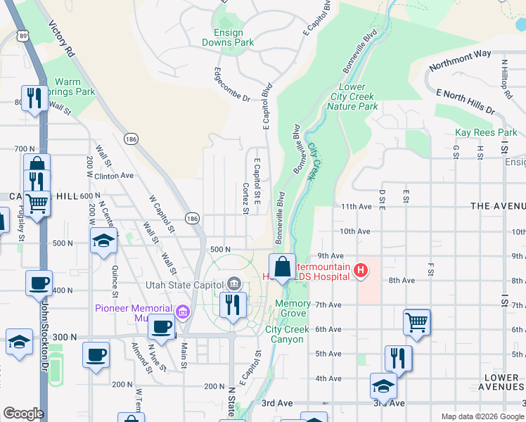 map of restaurants, bars, coffee shops, grocery stores, and more near 581 East Capitol Street East in Salt Lake City