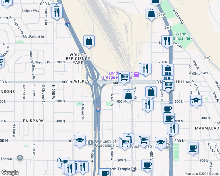 map of restaurants, bars, coffee shops, grocery stores, and more near 601 600 North in Salt Lake City