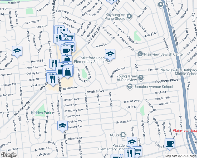 map of restaurants, bars, coffee shops, grocery stores, and more near 34 Knickerbocker Road East in Plainview
