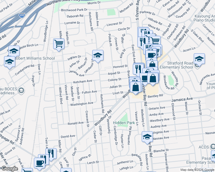 map of restaurants, bars, coffee shops, grocery stores, and more near 53 Ketchams Road in Hicksville