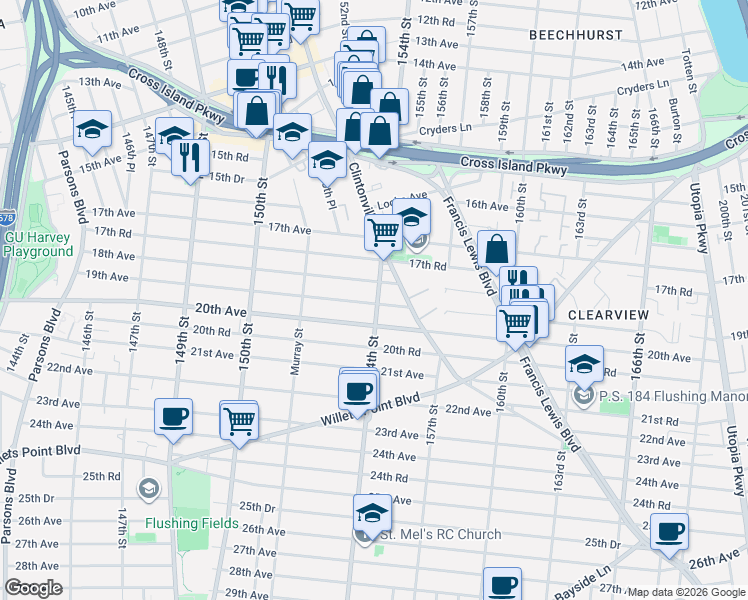 map of restaurants, bars, coffee shops, grocery stores, and more near 18-10 154th Street in Queens