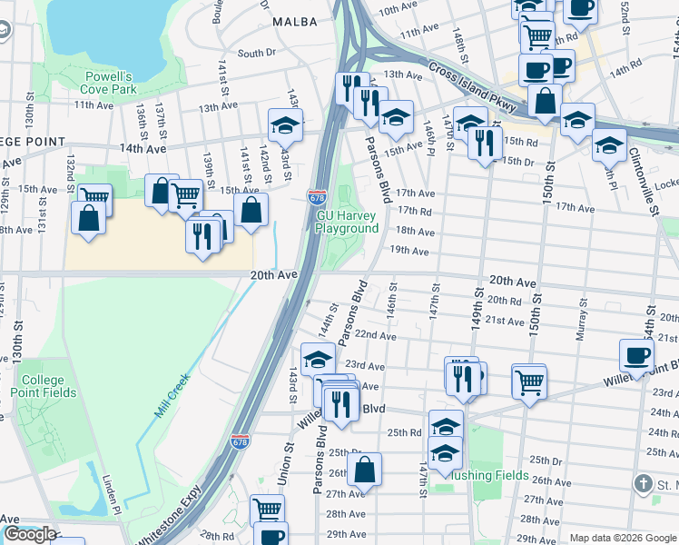 map of restaurants, bars, coffee shops, grocery stores, and more near in Queens