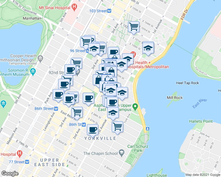 map of restaurants, bars, coffee shops, grocery stores, and more near 327 East 93rd Street in New York