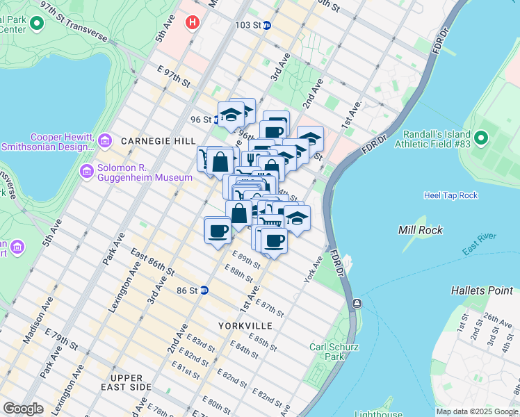 map of restaurants, bars, coffee shops, grocery stores, and more near 240 East 93rd Street in New York