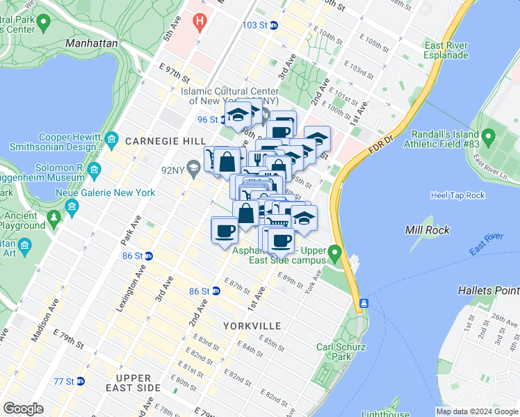 map of restaurants, bars, coffee shops, grocery stores, and more near 240 East 93rd Street in New York