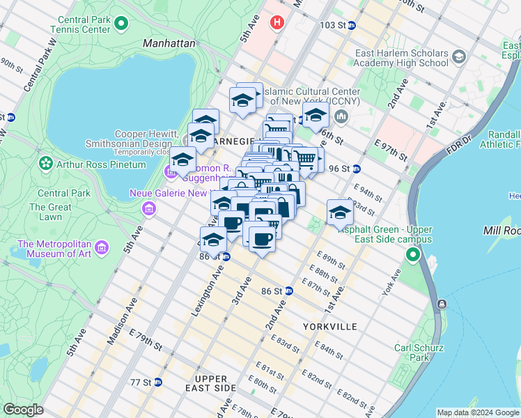 map of restaurants, bars, coffee shops, grocery stores, and more near 161 East 90th Street in New York