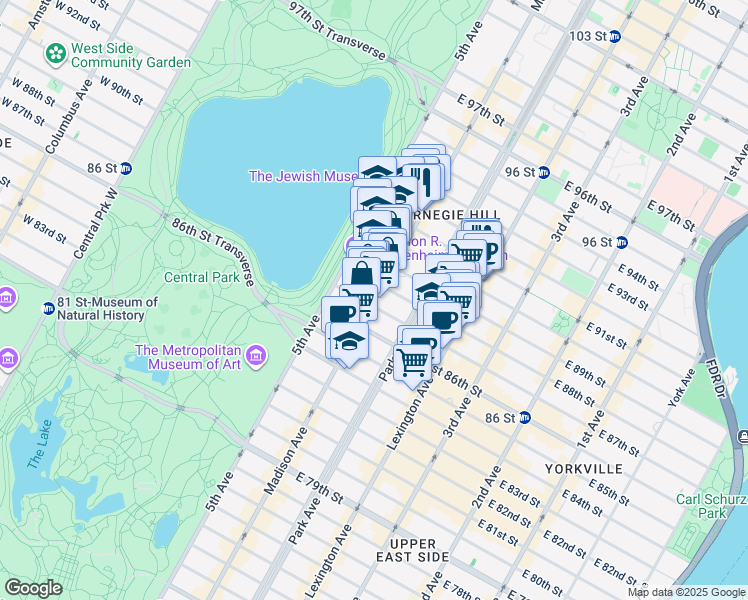 map of restaurants, bars, coffee shops, grocery stores, and more near 49 East 88th Street in New York