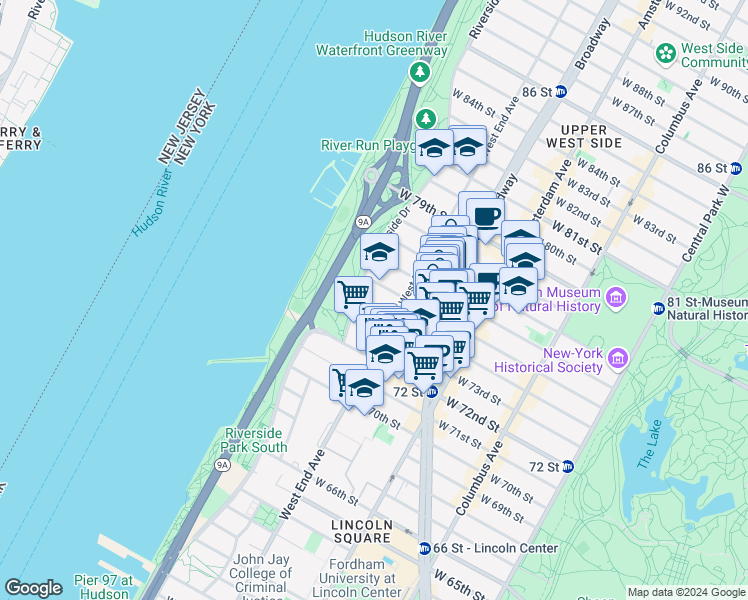 map of restaurants, bars, coffee shops, grocery stores, and more near 23 Riverside Drive in New York